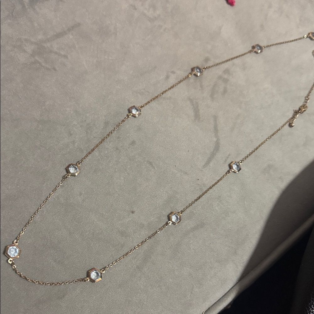 Elegant Long Gold Necklace with Crystal Accents - Light Blue Stones Extender